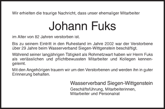 Traueranzeige von Johann Fuks von Siegener Zeitung