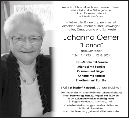 Traueranzeige von Johanna Oerter von Siegener Zeitung