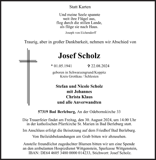 Traueranzeige von Josef Scholz von Siegener Zeitung