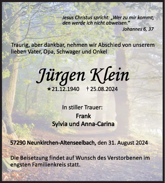 Traueranzeige von Jürgen Klein von Siegener Zeitung