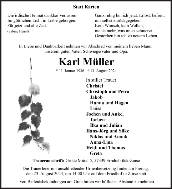 Traueranzeige von Karl Müller von Siegener Zeitung