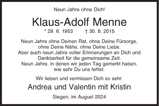 Traueranzeige von Klaus-Adolf Menne von Siegener Zeitung