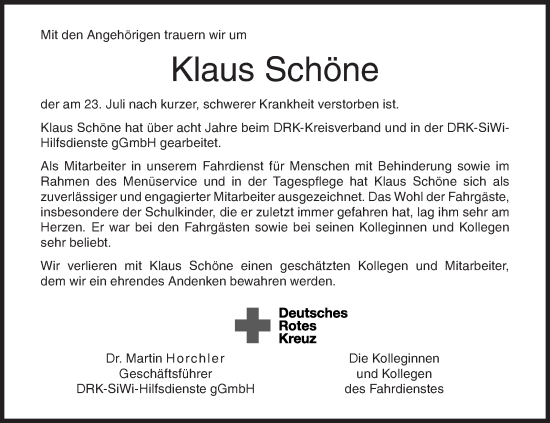 Traueranzeige von Klaus Schöne von Siegener Zeitung