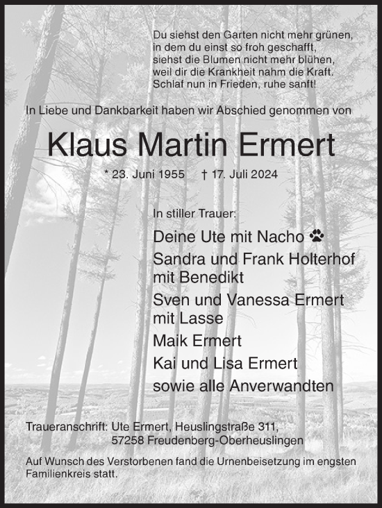 Traueranzeige von Klaus Martin Ermert von Siegener Zeitung