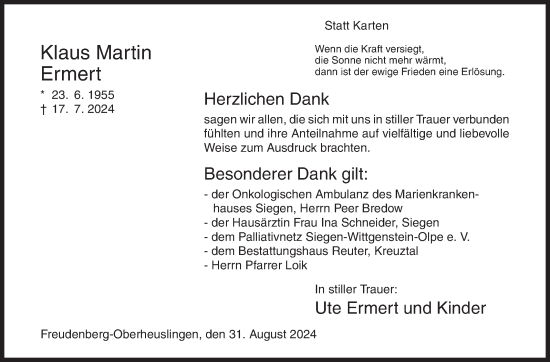 Traueranzeige von Klaus Martin Ermert von Siegener Zeitung