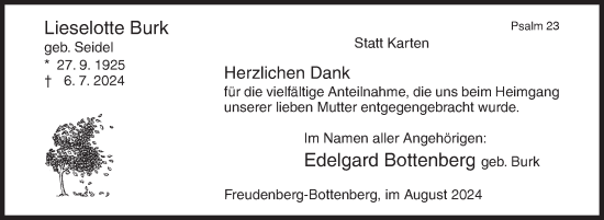Traueranzeige von Lieselotte Burk von Siegener Zeitung