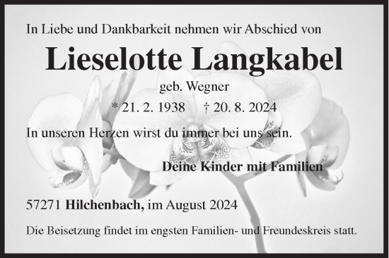 Traueranzeige von Lieselotte Langkabel von Siegener Zeitung