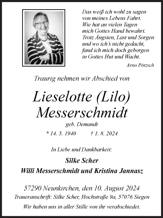 Traueranzeige von Lieselotte Messerschmidt von Siegener Zeitung