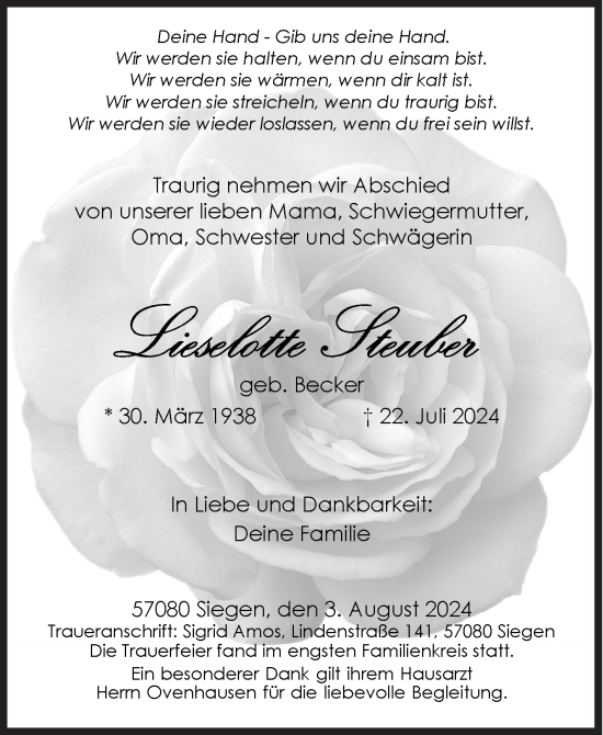 Traueranzeige von Lieselotte Steuber von Siegener Zeitung