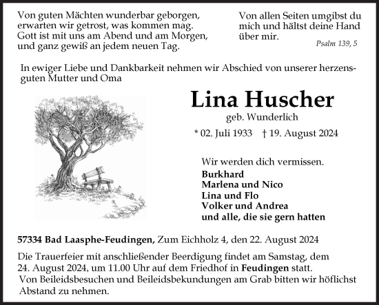 Traueranzeige von Lina Huscher von Siegener Zeitung