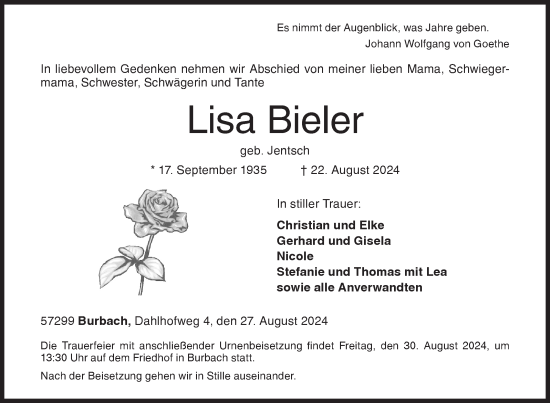 Traueranzeige von Lisa Bieler von Siegener Zeitung