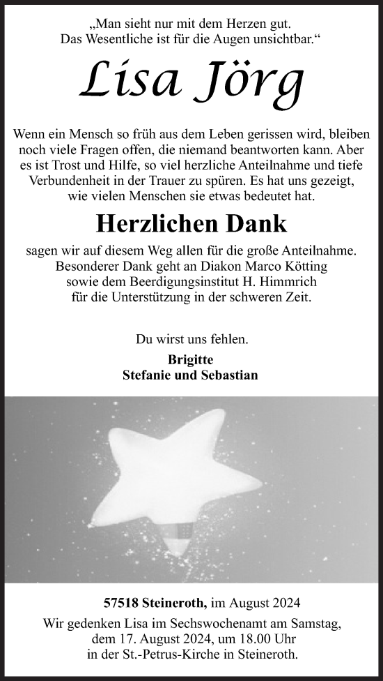 Traueranzeige von Lisa Jörg von Siegener Zeitung