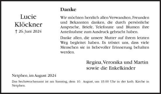 Traueranzeige von Lucie Klöckner von Siegener Zeitung
