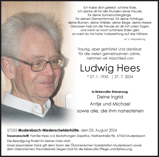 Traueranzeige von Ludwig Hees von Siegener Zeitung