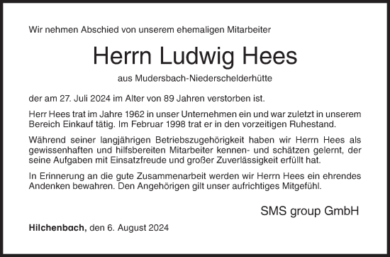 Traueranzeige von Ludwig Hees von Siegener Zeitung