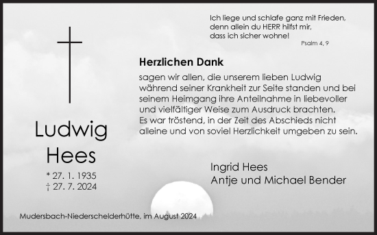 Traueranzeige von Ludwig Hees von Siegener Zeitung
