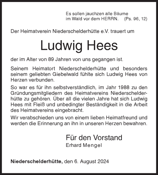 Traueranzeige von Ludwig Hees von Siegener Zeitung