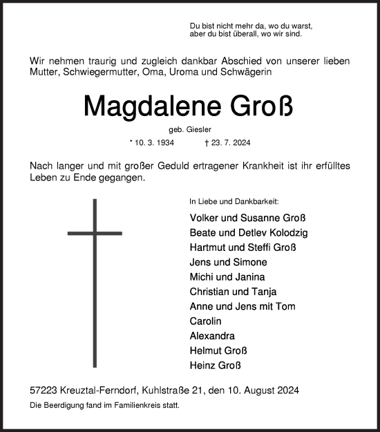 Traueranzeige von Magdalene Groß von Siegener Zeitung
