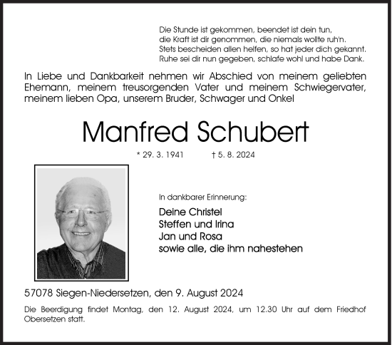 Traueranzeige von Manfred Schubert von Siegener Zeitung