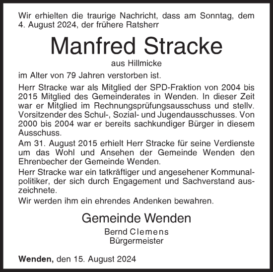Traueranzeige von Manfred Stracke von Siegener Zeitung