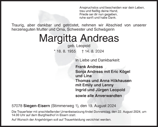 Traueranzeige von Margitta Andreas von Siegener Zeitung