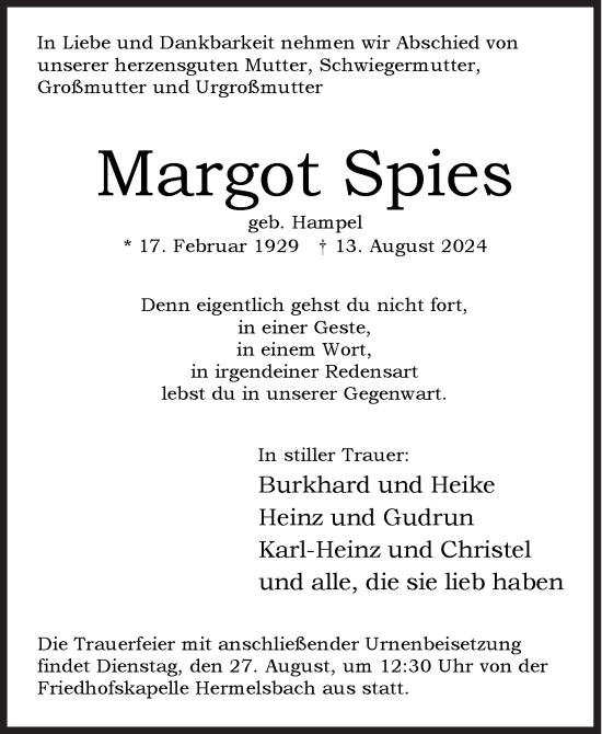 Traueranzeige von Margot Spies von Siegener Zeitung