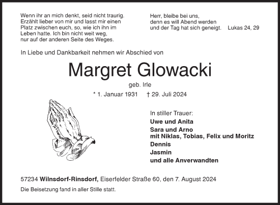 Traueranzeige von Margret Glowacki von Siegener Zeitung
