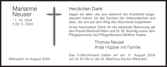 Traueranzeige von Marianne Neuser von Siegener Zeitung