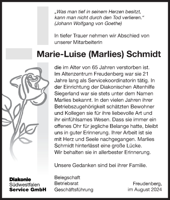 Traueranzeige von Marie-Luise Schmidt von Siegener Zeitung
