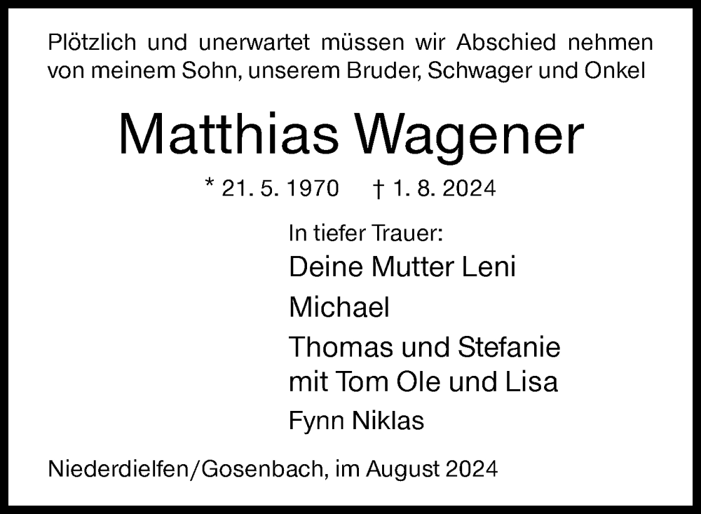  Traueranzeige für Matthias Wagener vom 09.08.2024 aus Siegener Zeitung