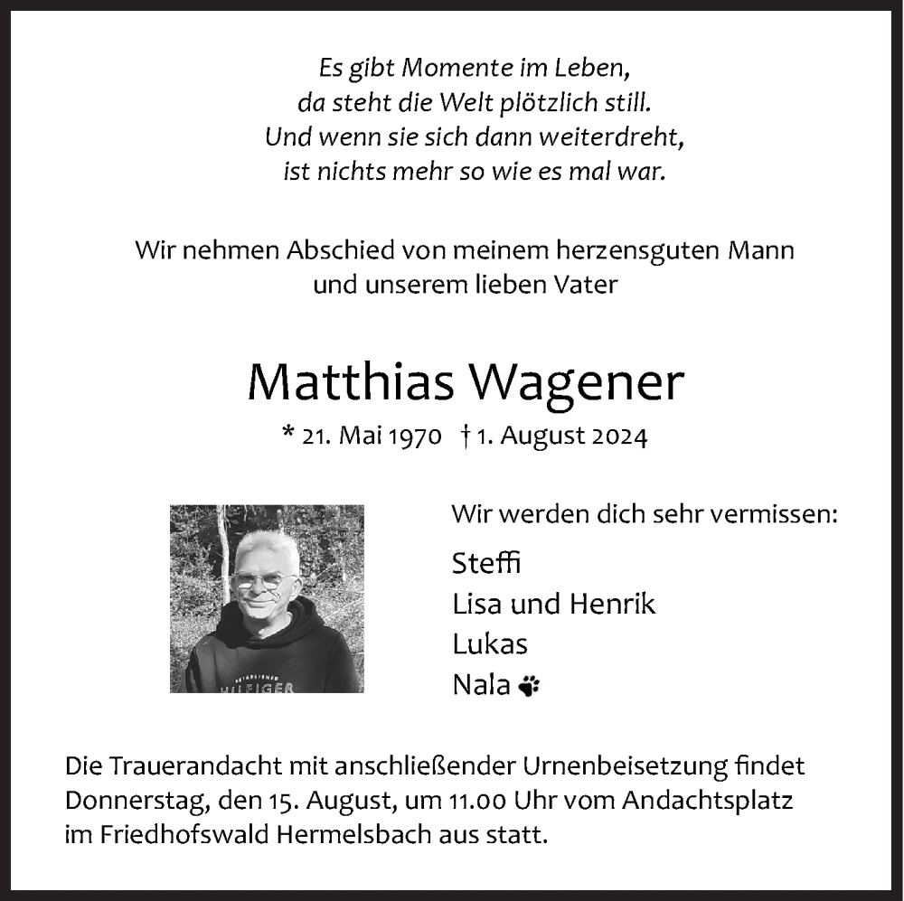  Traueranzeige für Matthias Wagener vom 08.08.2024 aus Siegener Zeitung