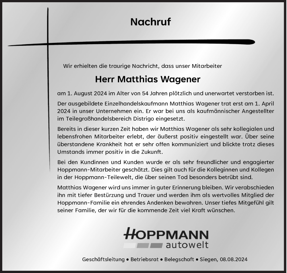  Traueranzeige für Matthias Wagener vom 08.08.2024 aus Siegener Zeitung