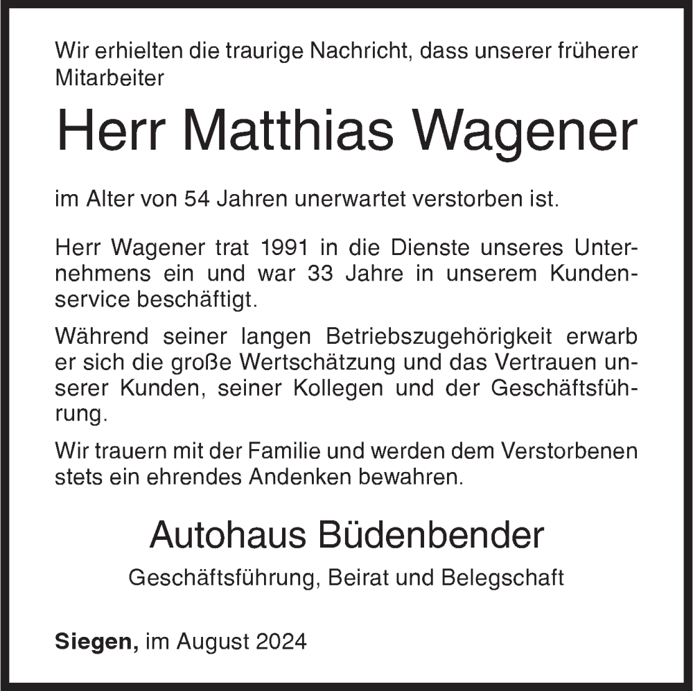  Traueranzeige für Matthias Wagener vom 08.08.2024 aus Siegener Zeitung