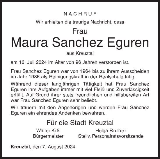 Traueranzeige von Maura Sanchez Eguren von Siegener Zeitung