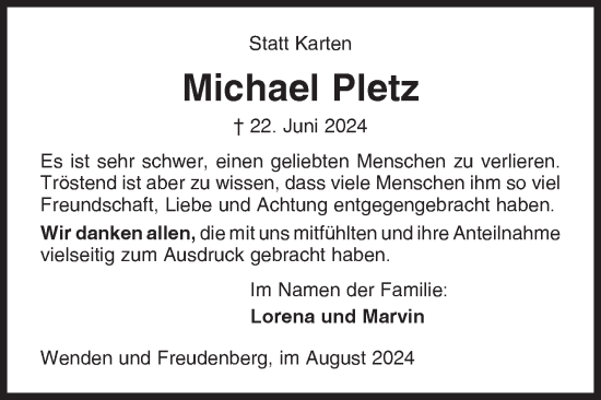 Traueranzeige von Michael Pletz von Siegener Zeitung