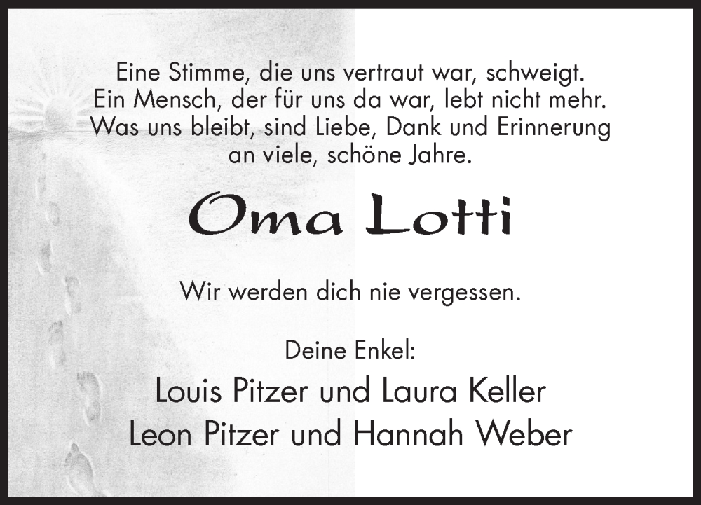  Traueranzeige für Oma Lieselotte vom 03.08.2024 aus Siegener Zeitung