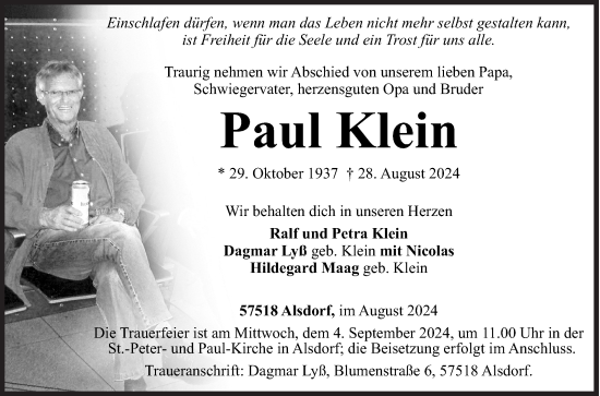 Traueranzeige von Paul Klein von Siegener Zeitung