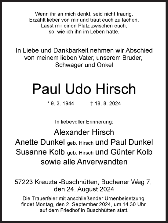 Traueranzeige von Paul Udo Hirsch von Siegener Zeitung
