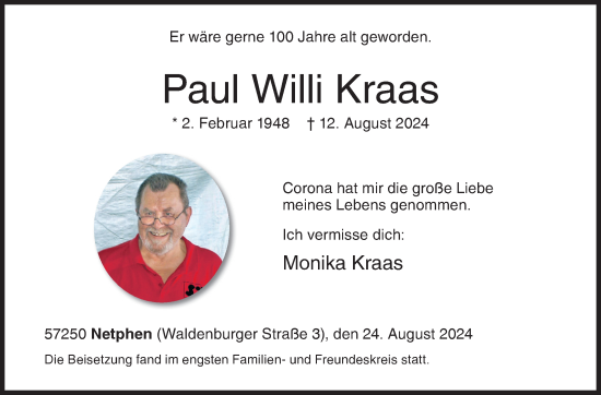Traueranzeige von Paul Willi Kraas von Siegener Zeitung
