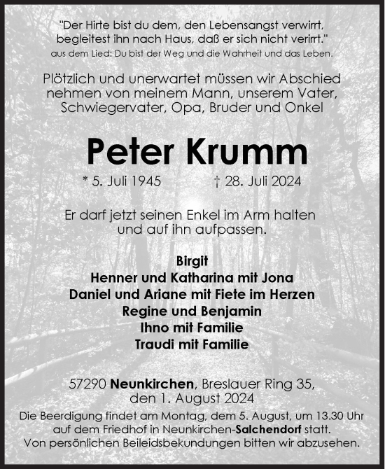 Traueranzeige von Peter Krumm von Siegener Zeitung