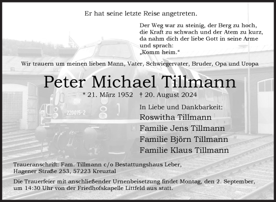 Traueranzeige von Peter  Tillmann von Siegener Zeitung