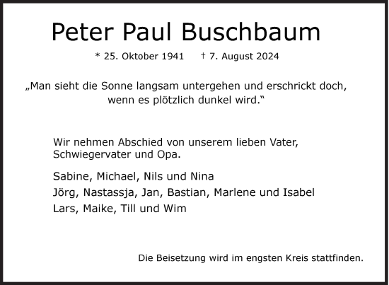 Traueranzeige von Peter Paul Buschbaum von Siegener Zeitung