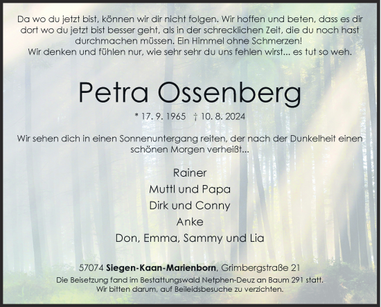Traueranzeige von Petra Ossenberg von Siegener Zeitung