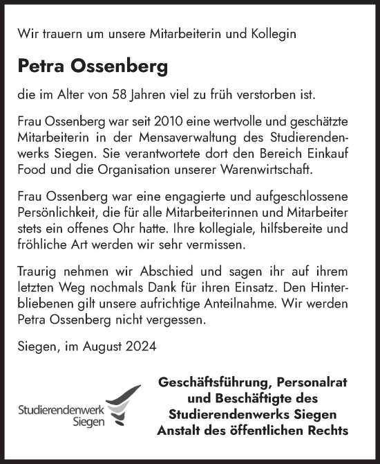 Traueranzeige von Petra Ossenberg von Siegener Zeitung