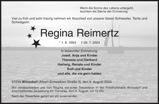 Traueranzeige von Regina Reimertz von Siegener Zeitung