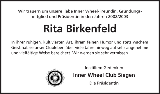 Traueranzeige von Rita Birkenfeld von Siegener Zeitung