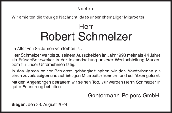 Traueranzeige von Robert Schmelzer von Siegener Zeitung