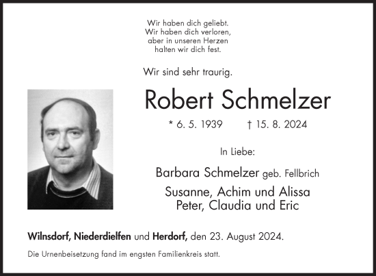 Traueranzeige von Robert Schmelzer von Siegener Zeitung