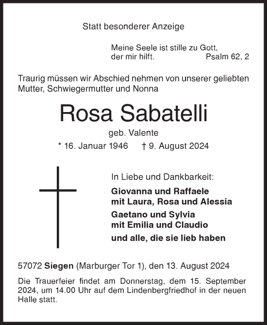 Traueranzeige von Rosa Sabatelli von Siegener Zeitung
