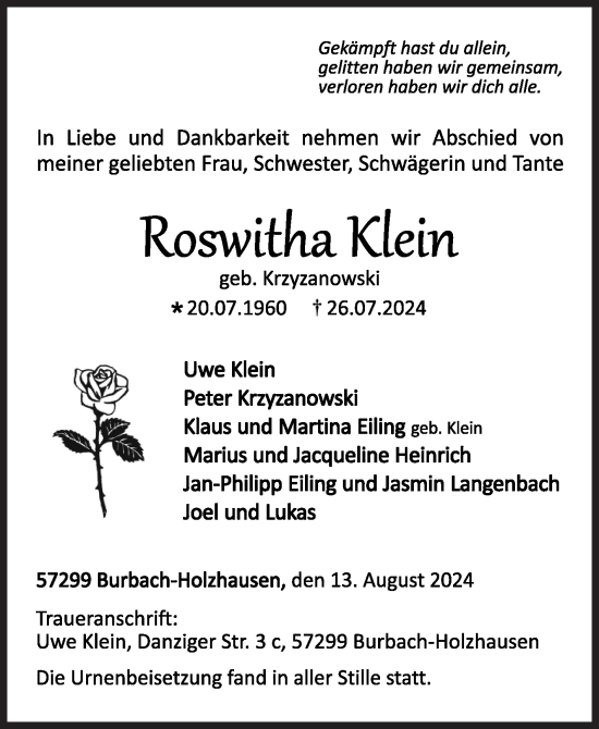 Traueranzeige von Roswitha Klein von Siegener Zeitung